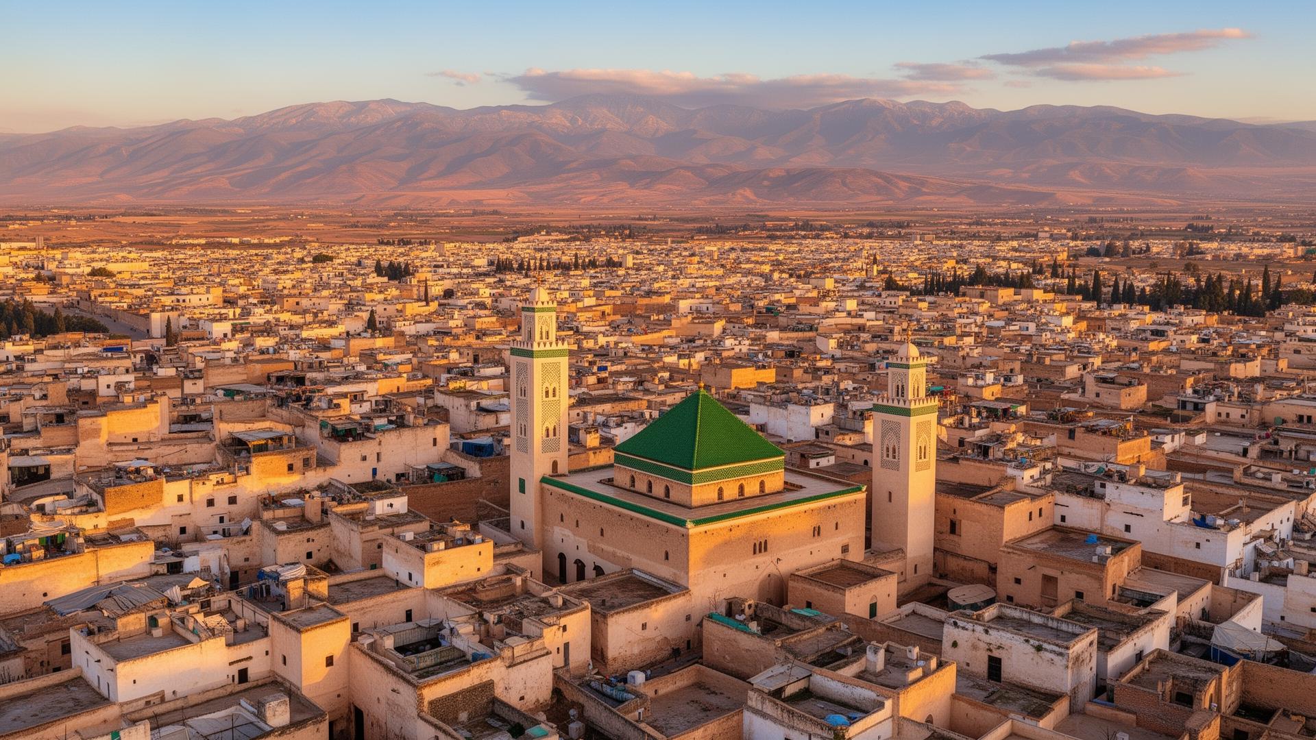 Aerial view of the Fez Medina at golden hour